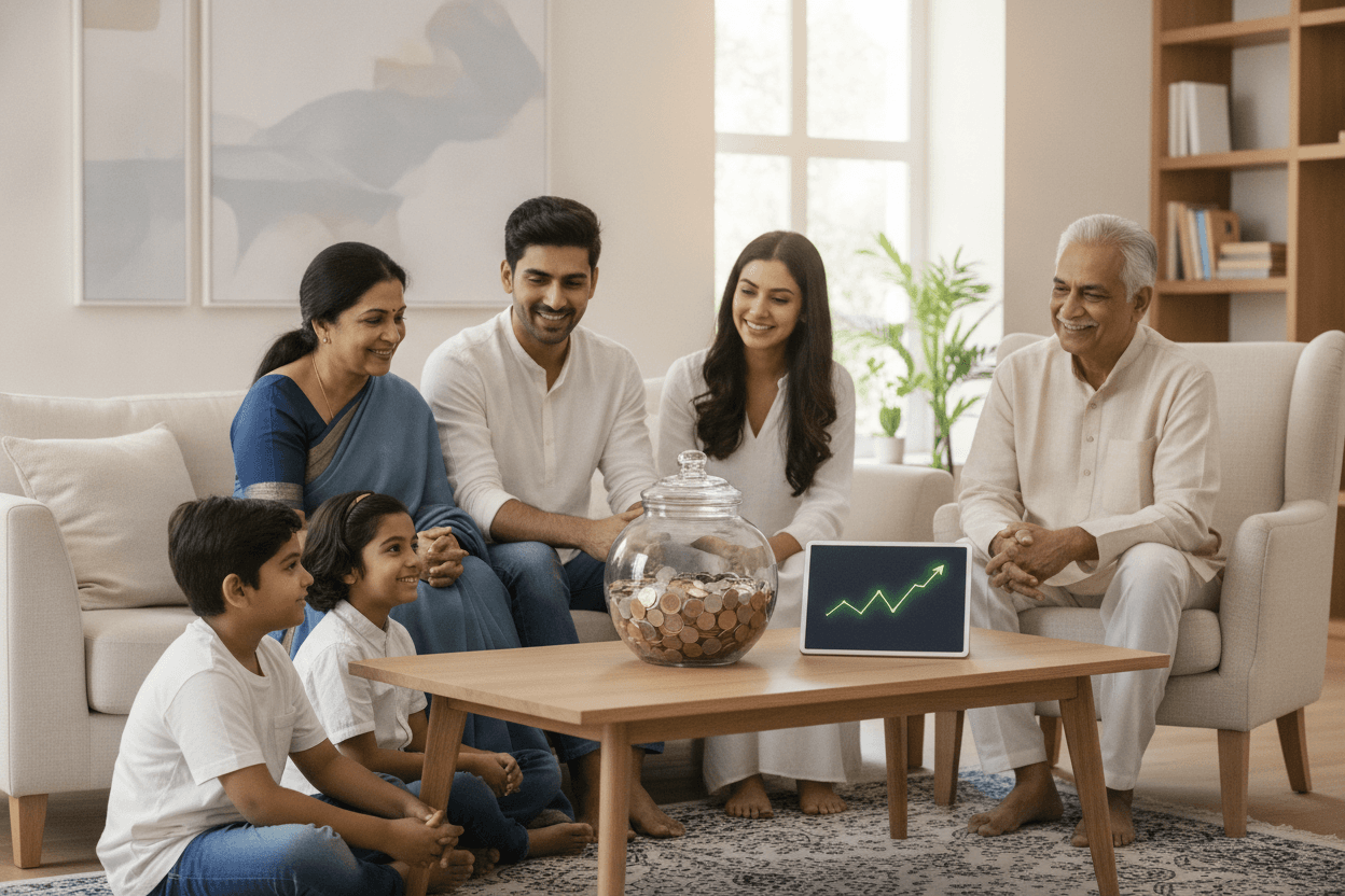 Happy multi-generational family planning their wealth together