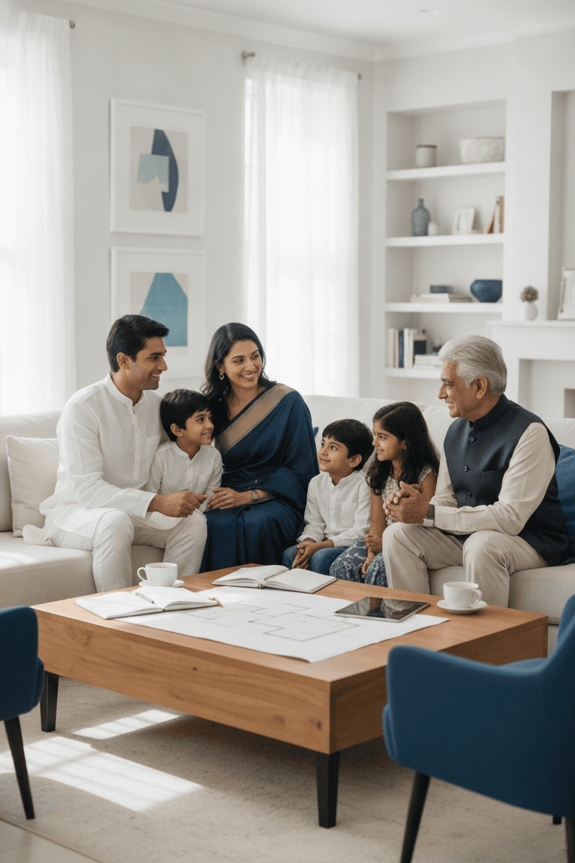 A multi-generational family reviewing their portfolio together